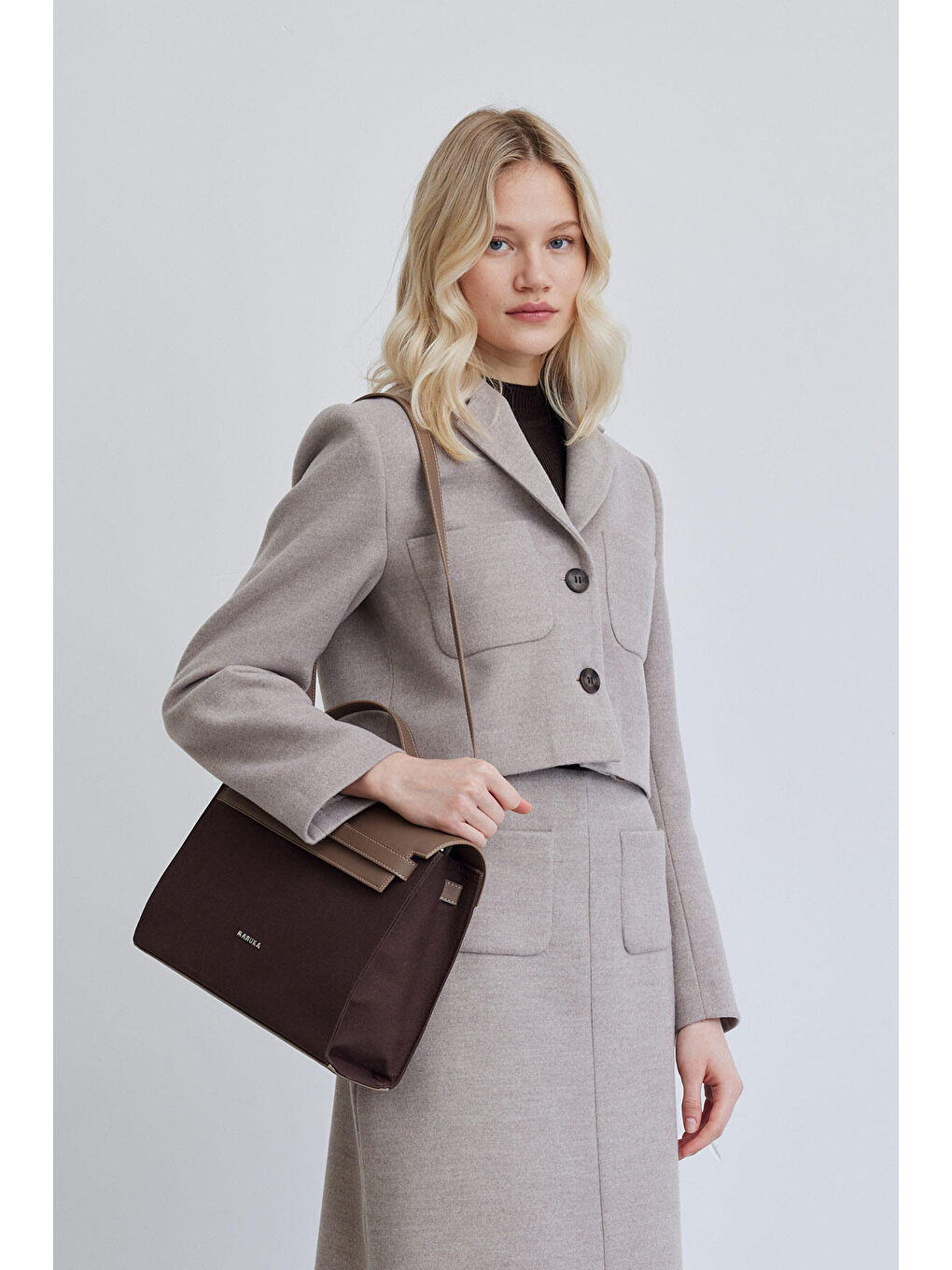 Kahverengi Deri Detaylı Kanvas Çanta Acı Kahve-2