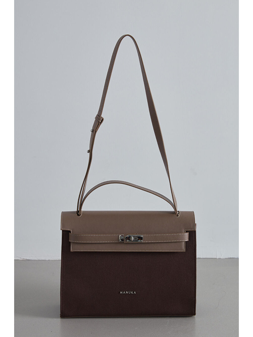 Kahverengi Deri Detaylı Kanvas Çanta Acı Kahve-3