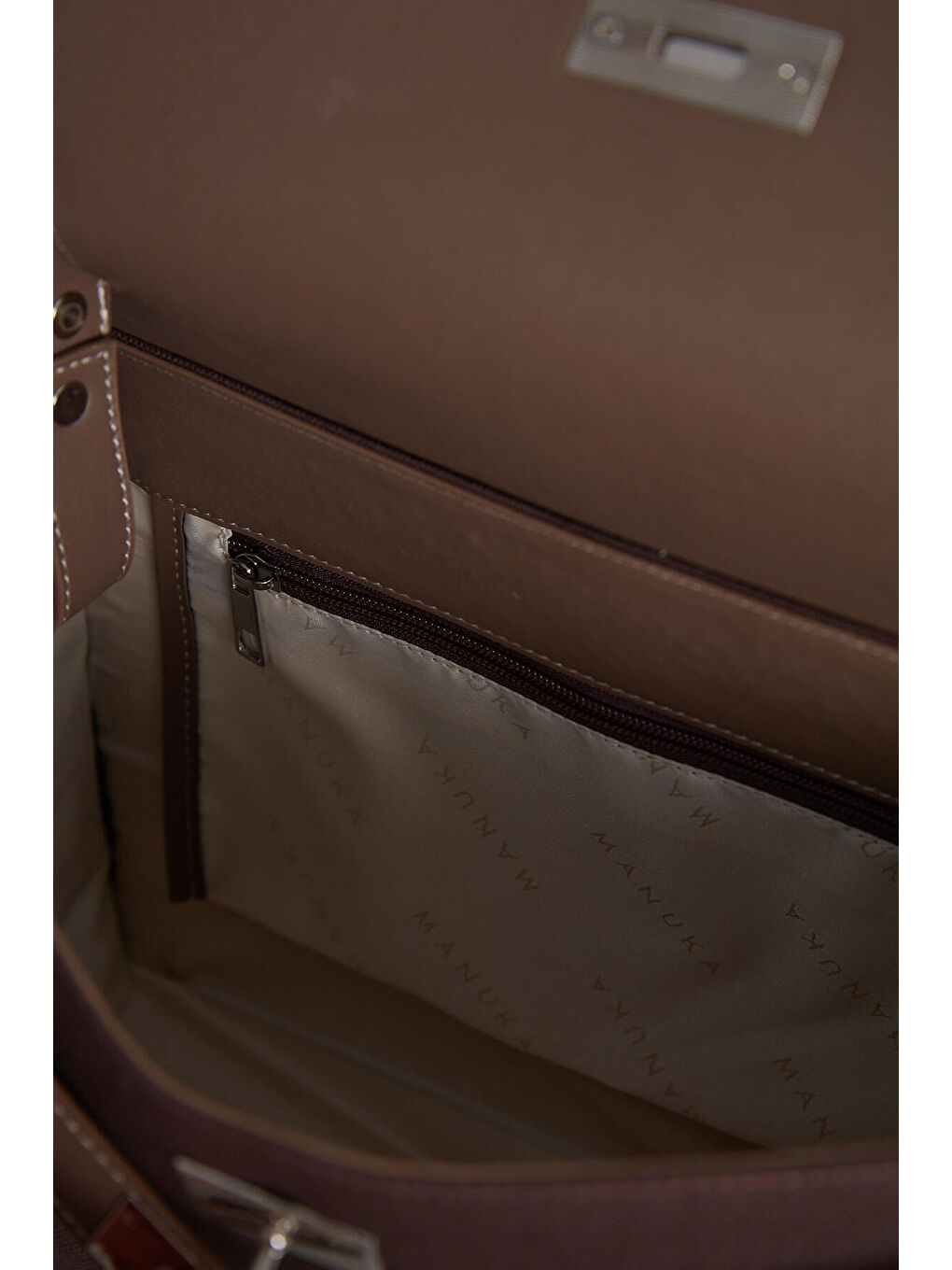 Kahverengi Deri Detaylı Kanvas Çanta Acı Kahve-6