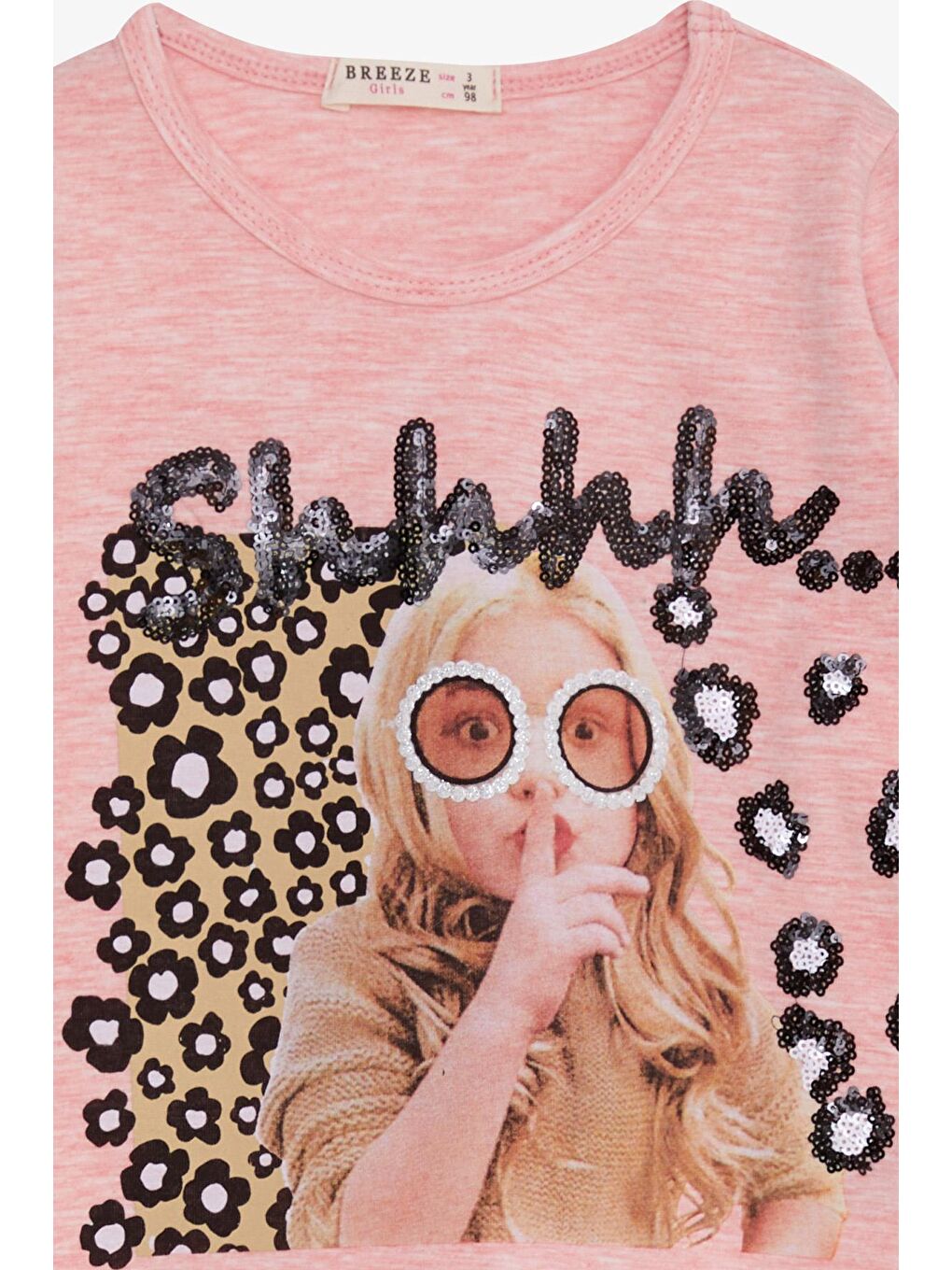 Pembe Kız Çocuk Uzun Kollu Tişört Pullu Kız Baskılı Somon Melanj (3-8 Yaş)-2