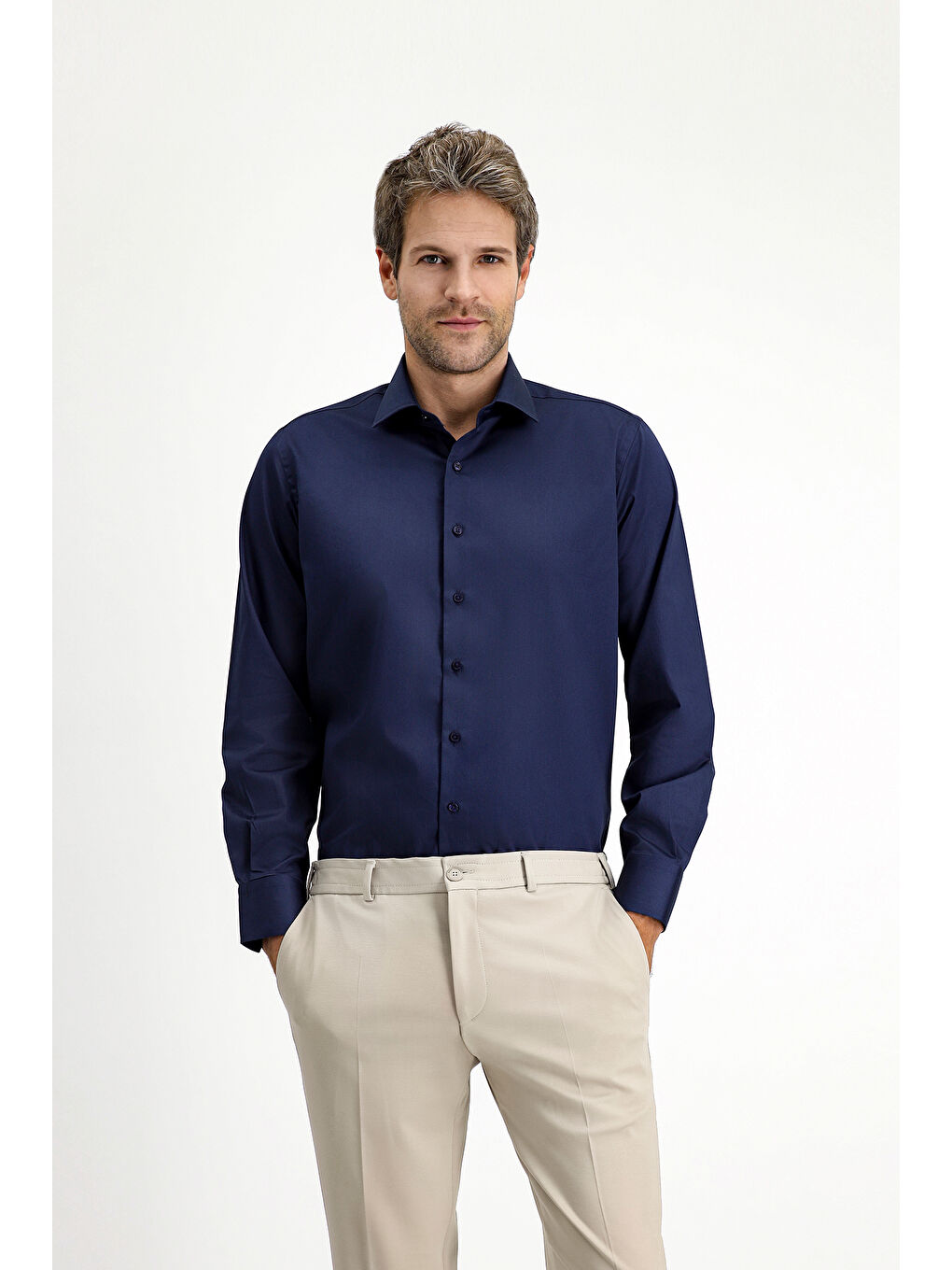 Lacivert Uzun Kol Klasik Pamuk Gömlek-2