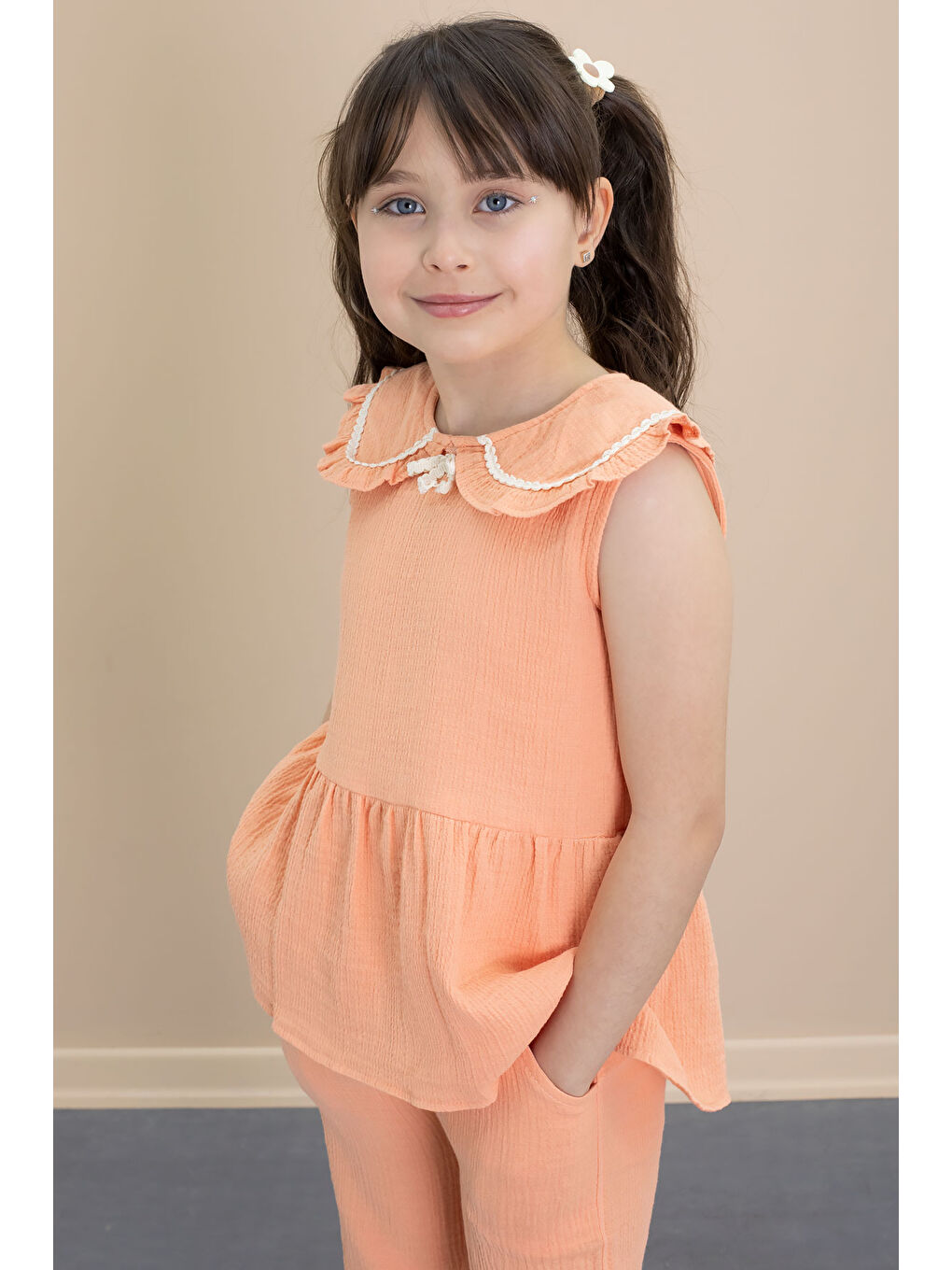 Turuncu Sıfır Kol Bebe Yaka Bluzlu Pantolonlu Kız Çocuk 2li Takım 21030-1