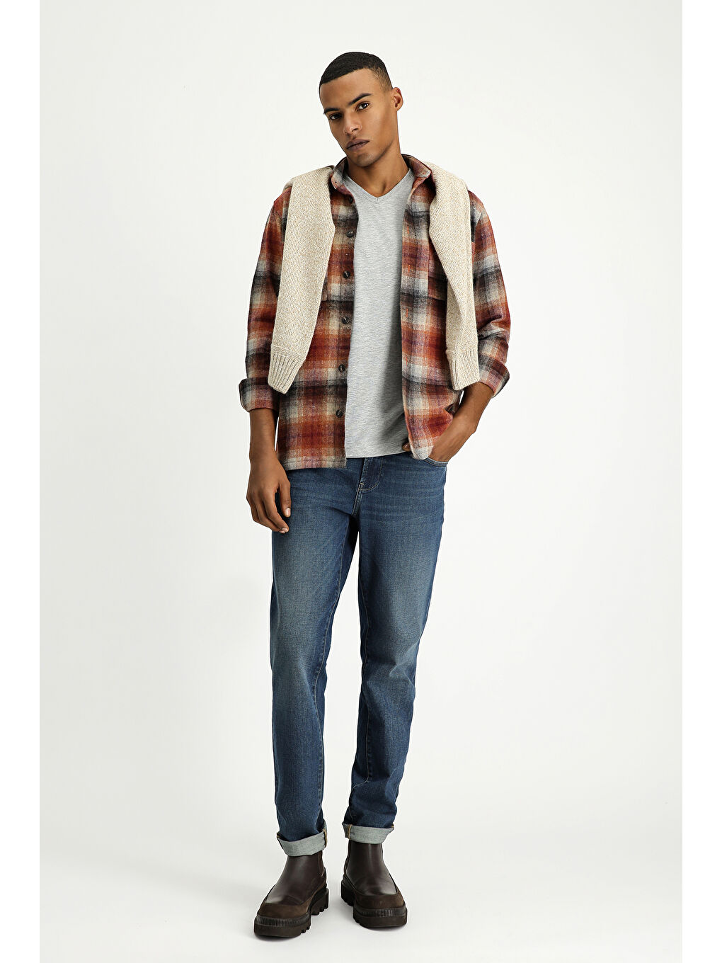 Kahverengi Uzun Kol Oversize Oduncu Ekose Pamuklu Gömlek-3