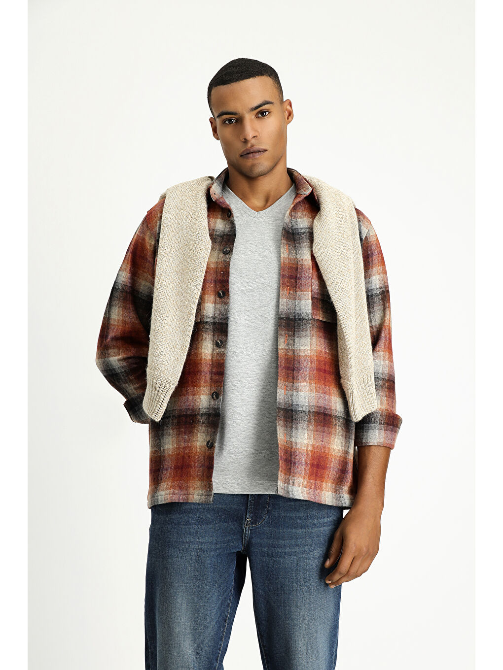 Kahverengi Uzun Kol Oversize Oduncu Ekose Pamuklu Gömlek-4