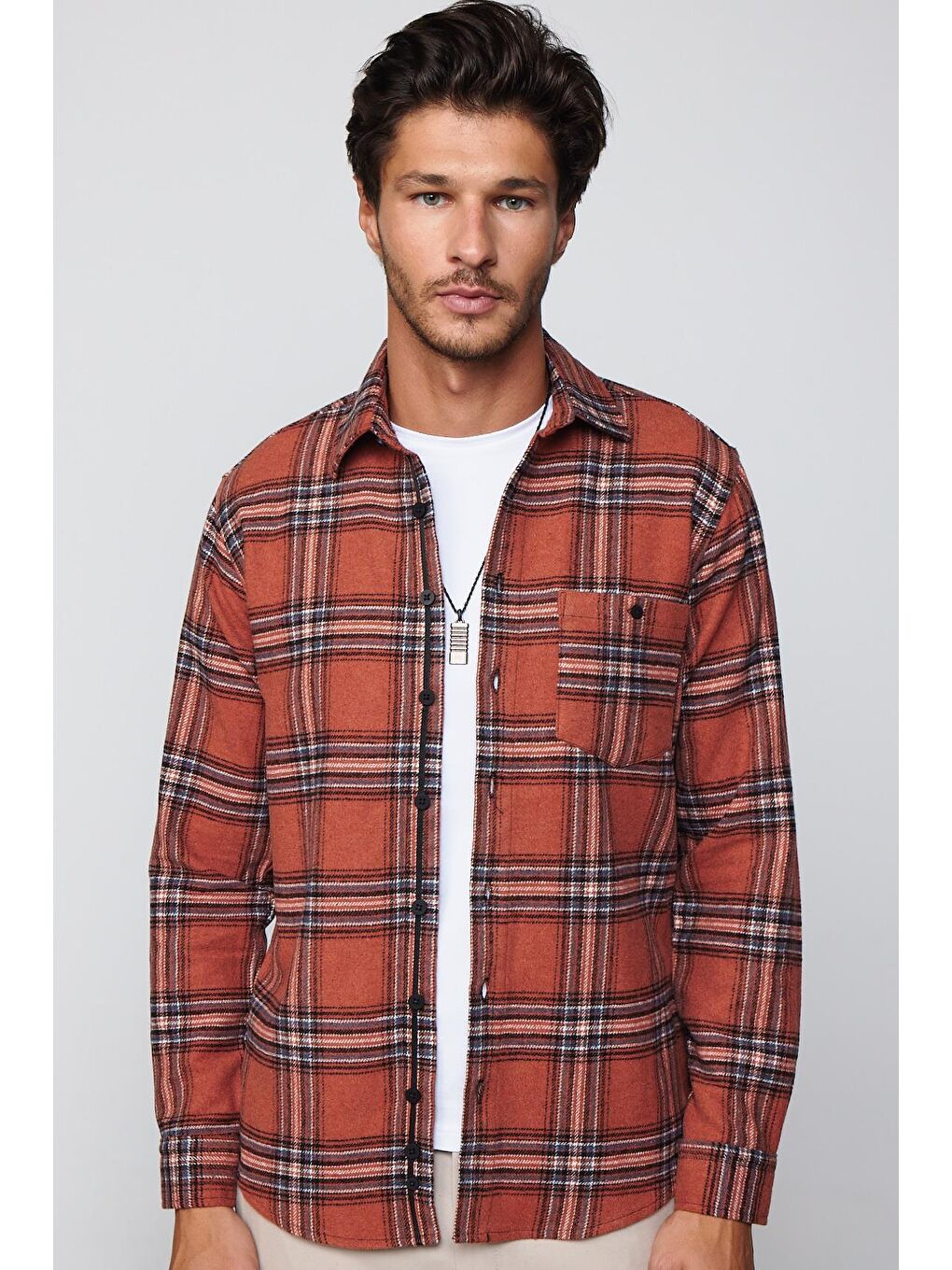 Karışık Erkek Regular Fit Klasik Kesim Tek Cepli Kareli Kışlık Oduncu Düğmeli Yaka Gömlek-2