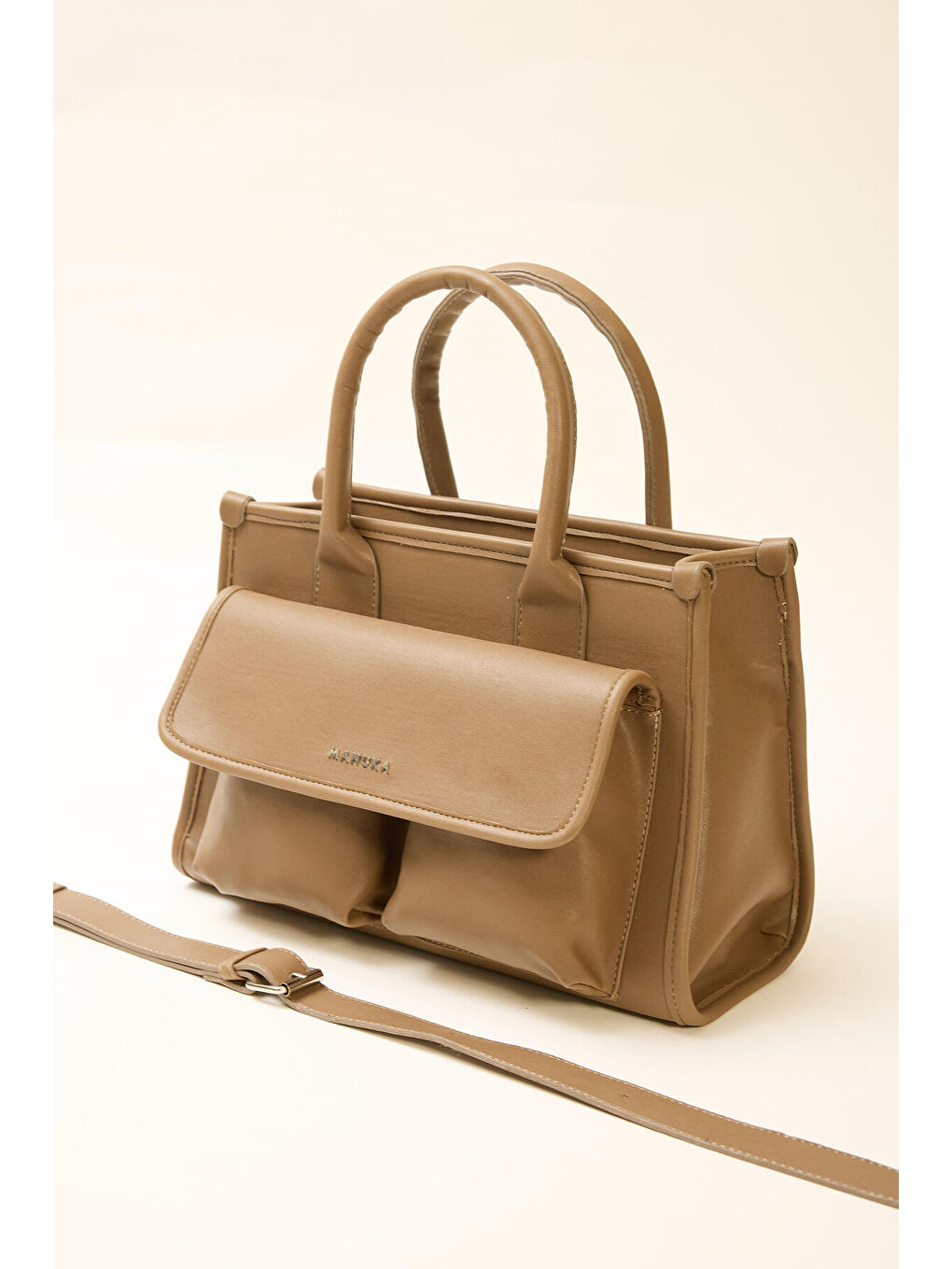 Bej Geniş Cepli Deri Omuz Çantası Vizon-3