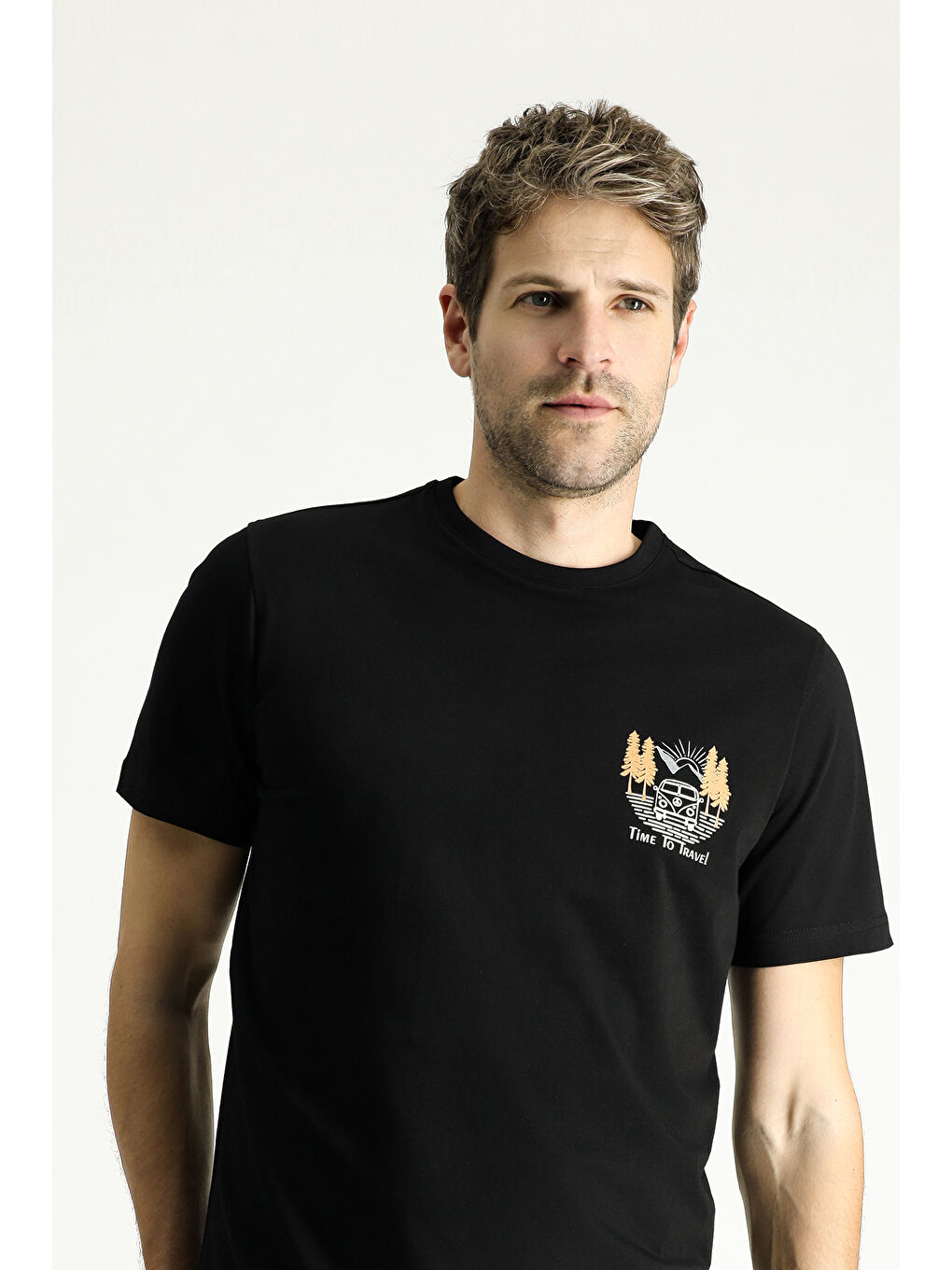 Siyah Bisiklet Yaka Regular Fit Baskılı Süprem Pamuk Tişört-2