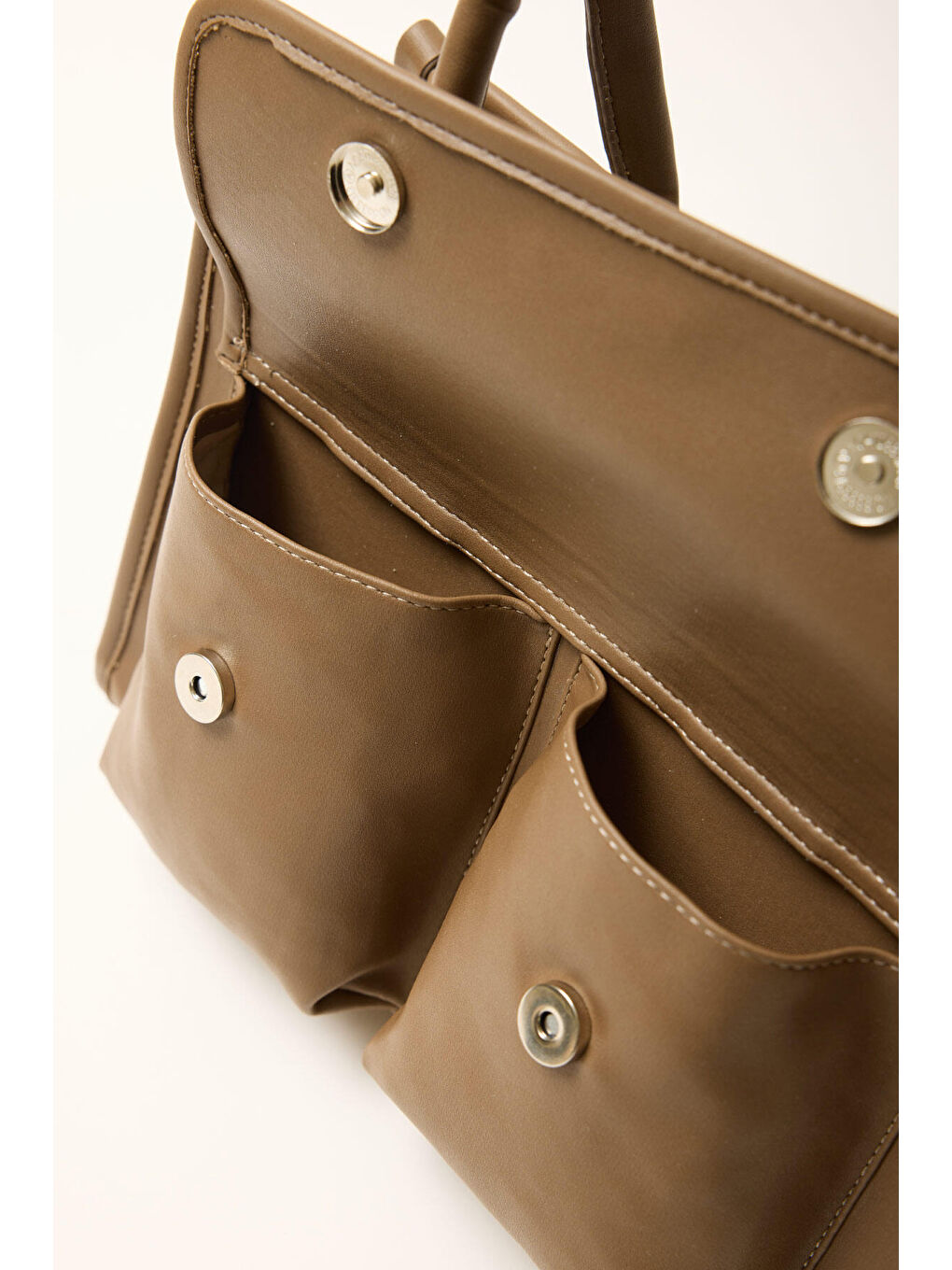 Bej Geniş Cepli Deri Omuz Çantası Vizon-5