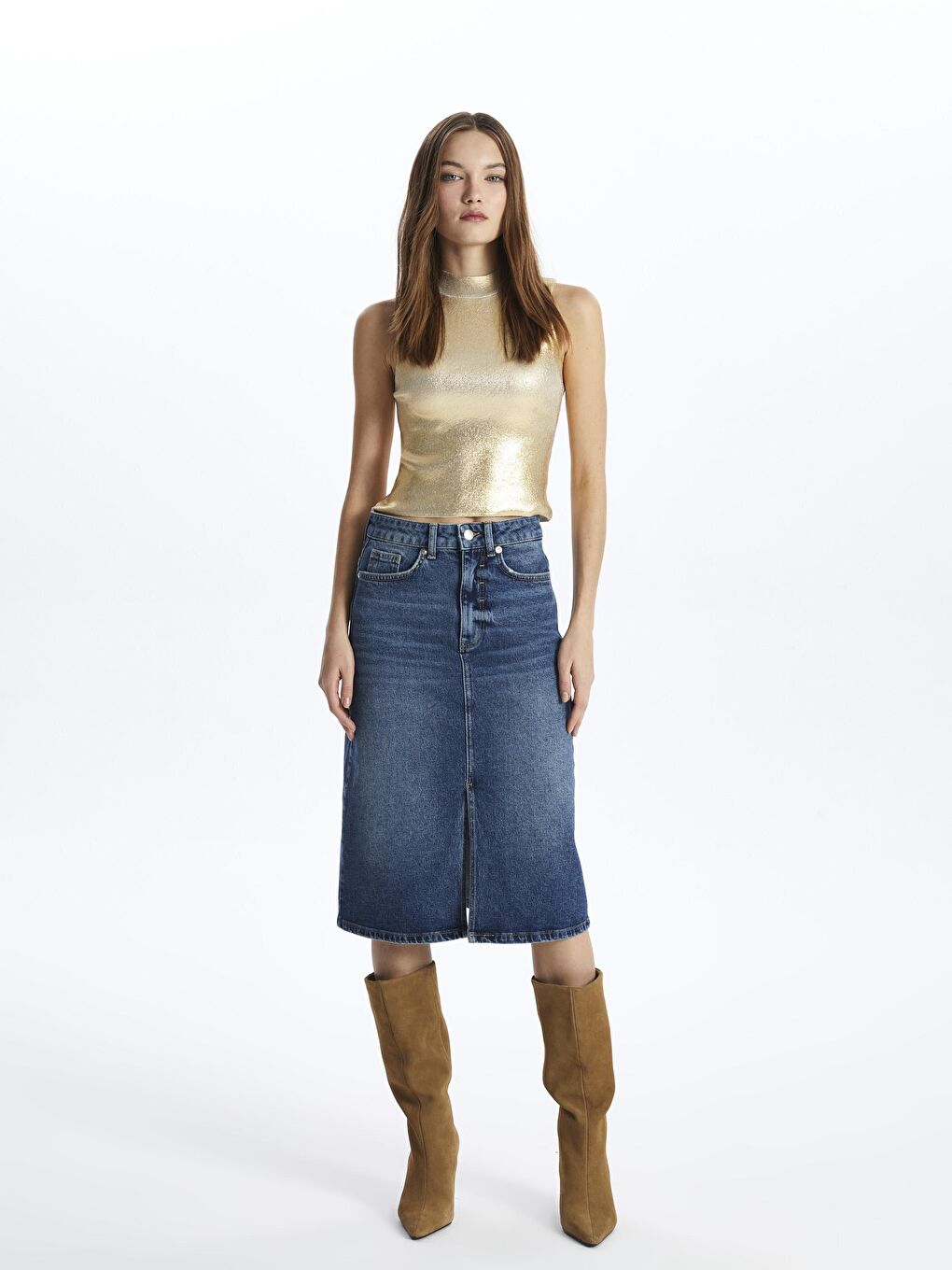 İndigo Cannes - Yırtmaçlı Indigoi Denim Etek - Dark Indigo Renk-1