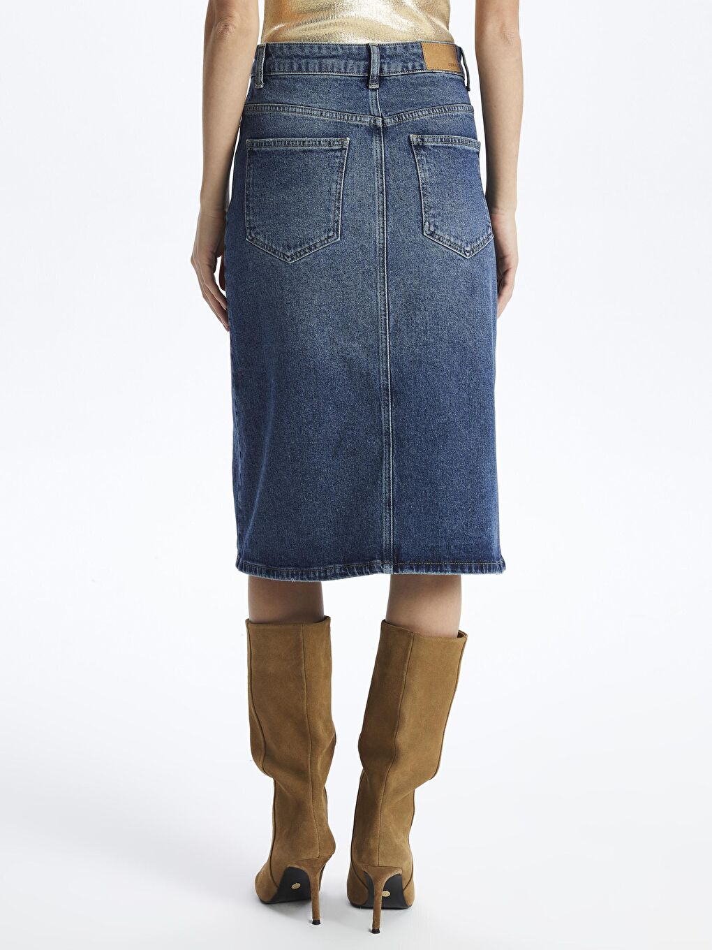 İndigo Cannes - Yırtmaçlı Indigoi Denim Etek - Dark Indigo Renk-4