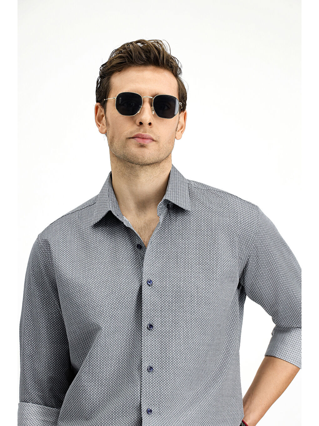 Gri Uzun Kol Slim Fit Dar Kesim Klasik Desenli Pamuk Gömlek-2