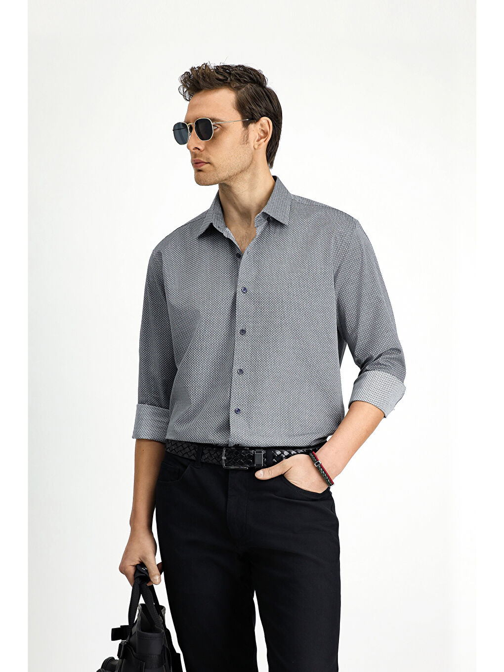 Gri Uzun Kol Slim Fit Dar Kesim Klasik Desenli Pamuk Gömlek-3