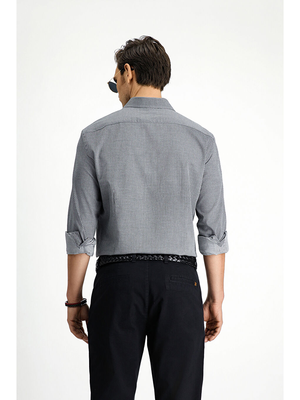 Gri Uzun Kol Slim Fit Dar Kesim Klasik Desenli Pamuk Gömlek-4