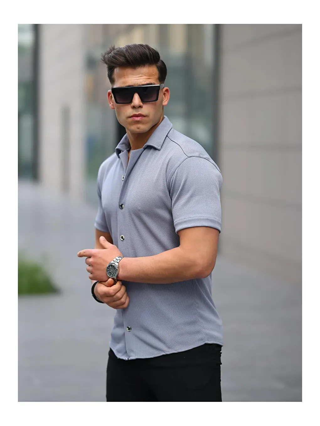 İndigo Erkek Yazlık Elastanlı Slim Fit Gömlek Yaka Kısa Kollu Gömlek-2