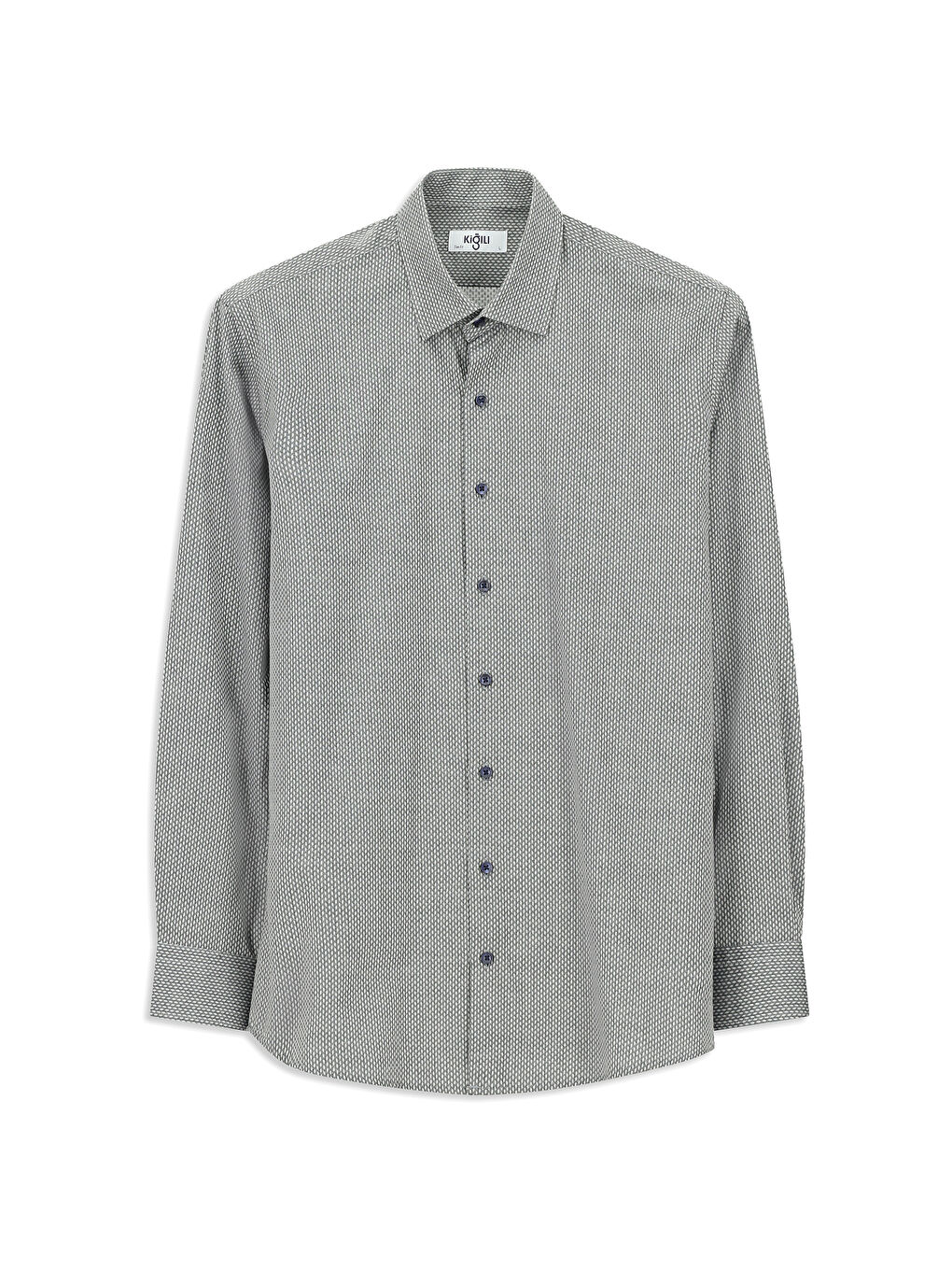 Gri Uzun Kol Slim Fit Dar Kesim Klasik Desenli Pamuk Gömlek-6