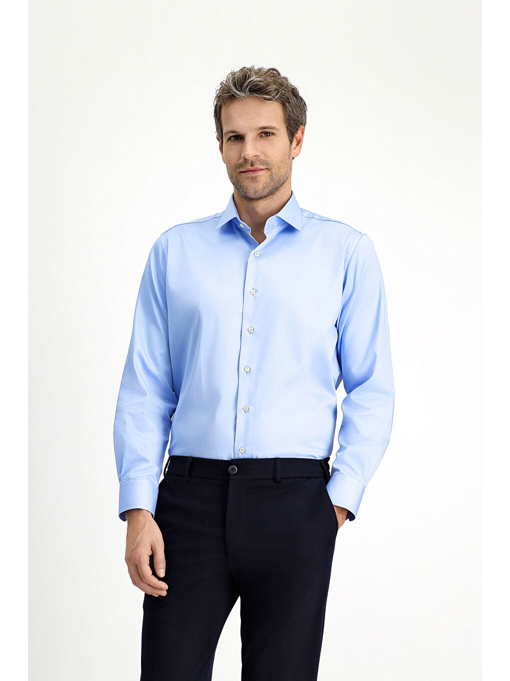 Mavi Uzun Kol Klasik Pamuk Gömlek-2