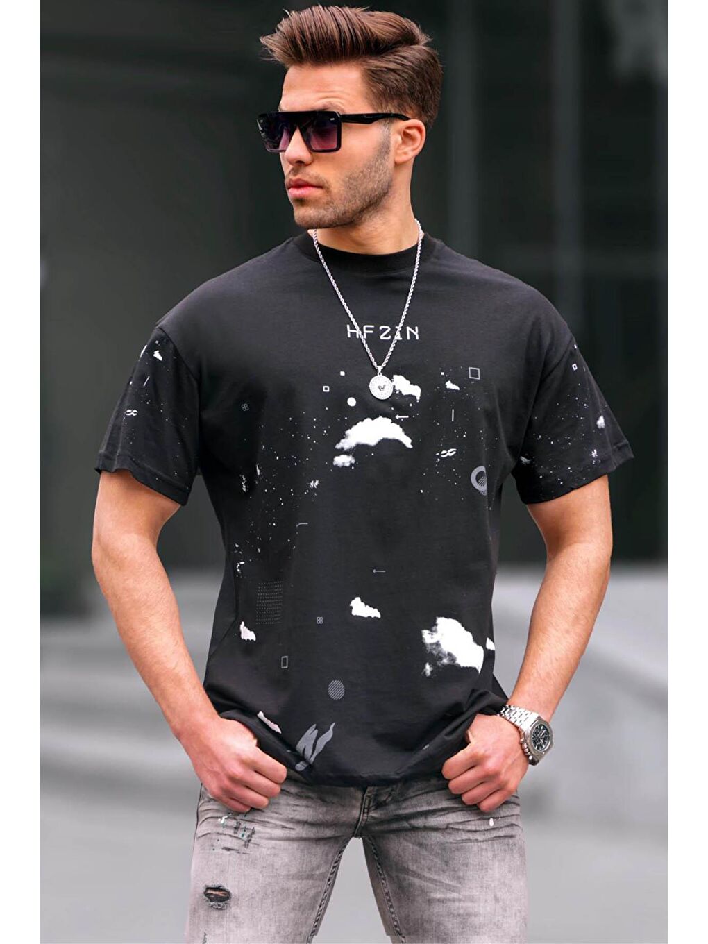 Bisiklet Yaka Regular Fit Siyah  Desenli Erkek Tişört 6115