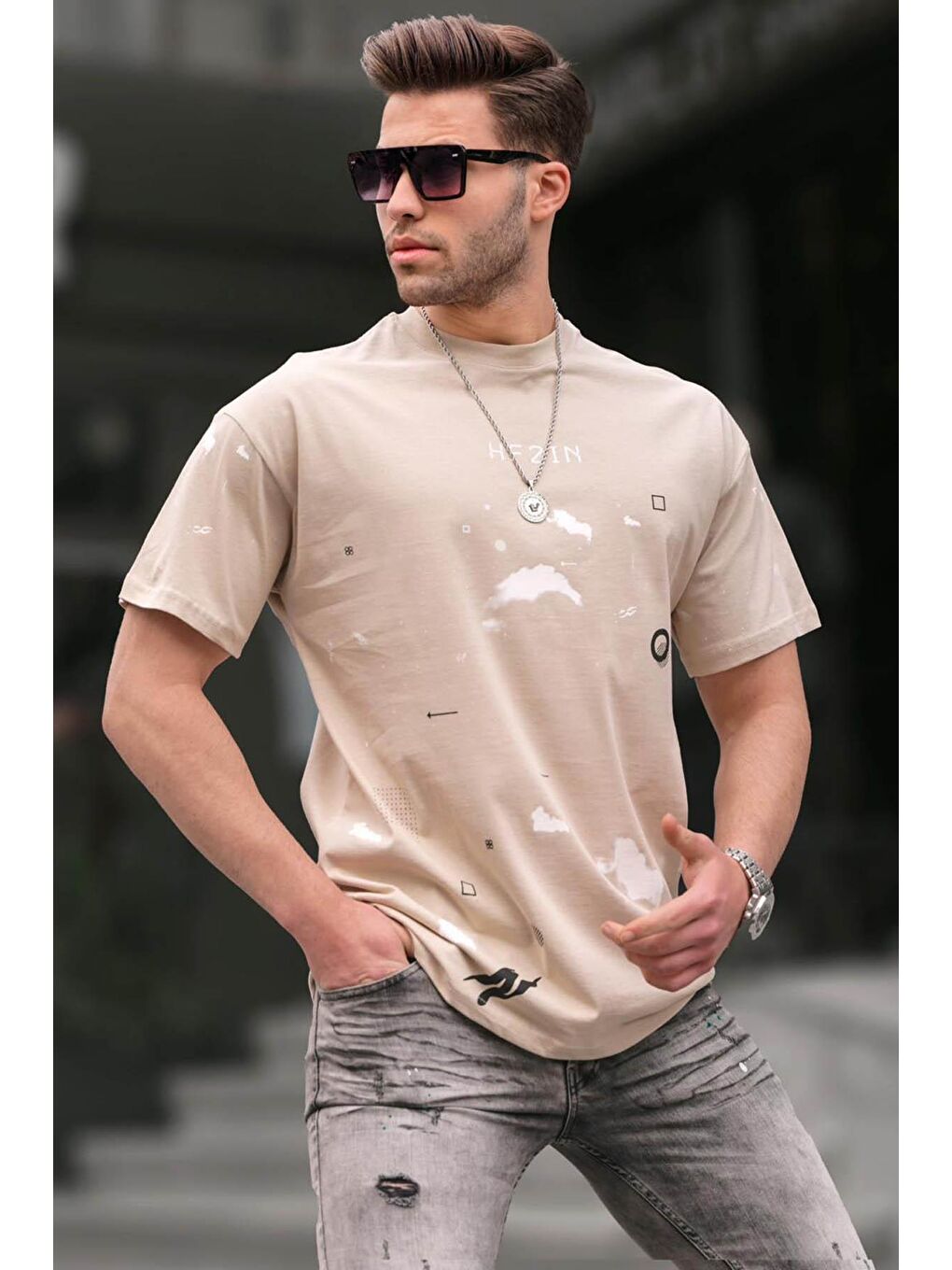 Bisiklet Yaka Regular Fit Bej Desenli Erkek %100 Pamuk Tişört 6115