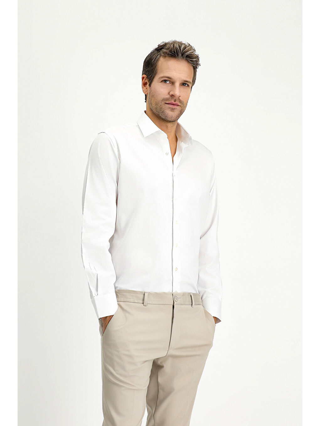 Beyaz Uzun Kol Klasik Pamuk Gömlek-2