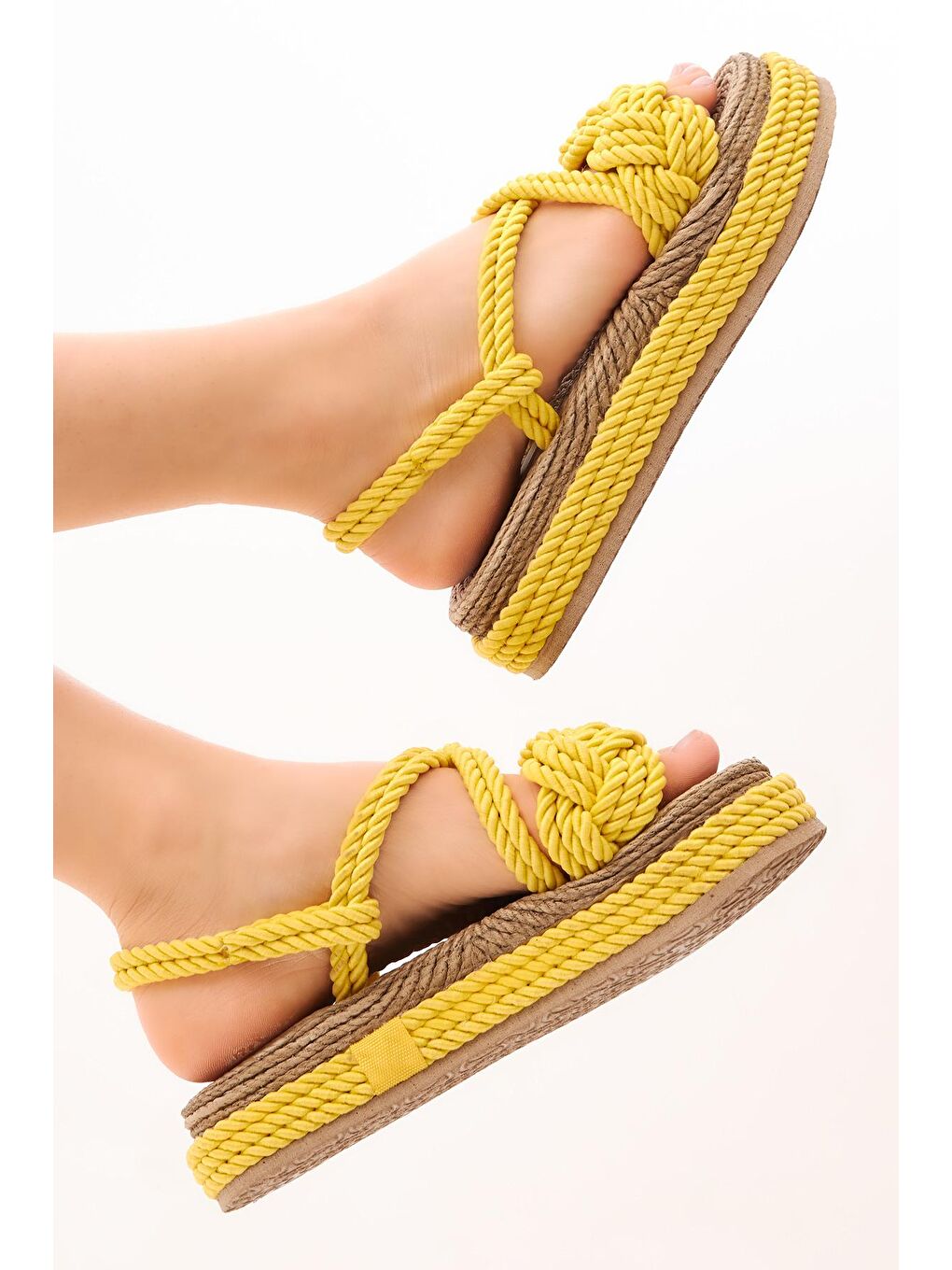 Kadın Sarı Rahat Kalıp Sarmal Tek Bantlı Yüksek Taban Halat Sandalet-2