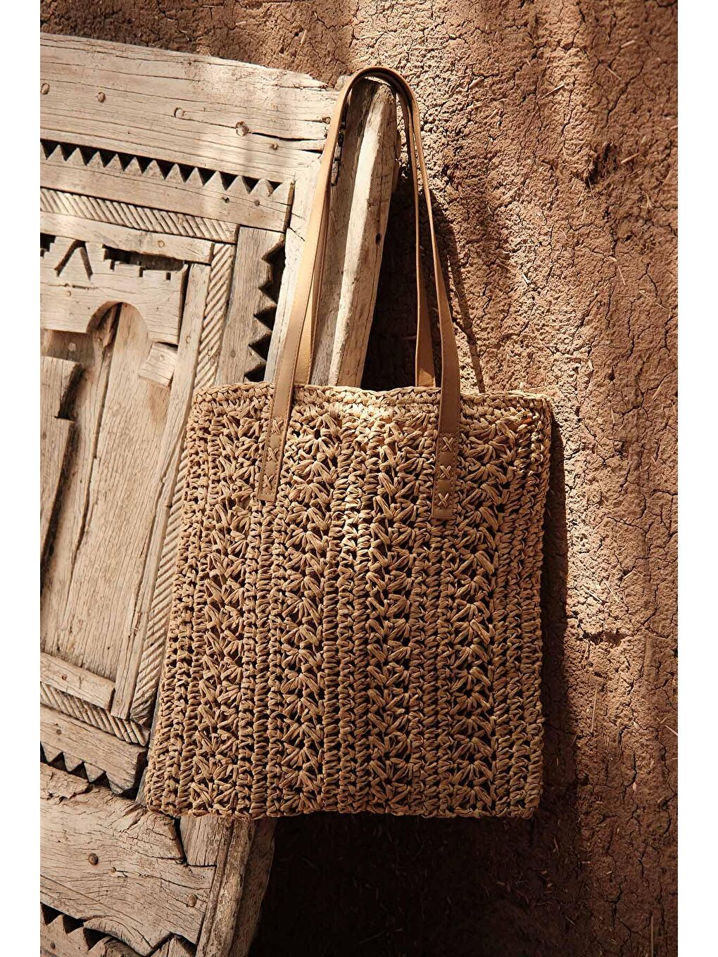 Bej Desenli Hasır Omuz Çantası Natural-1