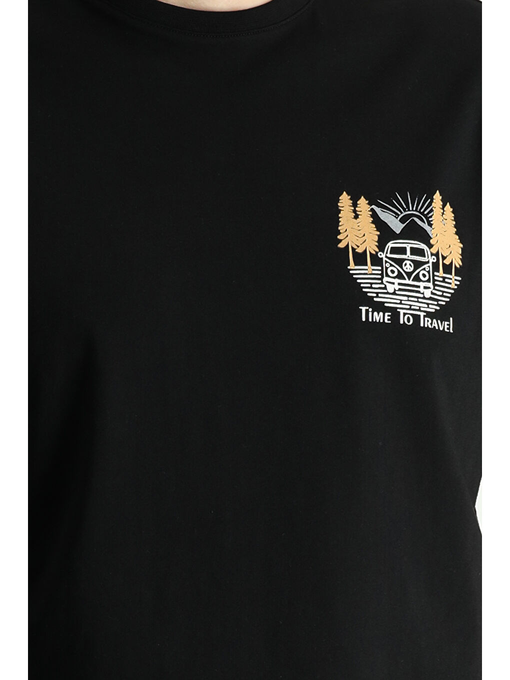 Siyah Bisiklet Yaka Regular Fit Baskılı Süprem Pamuk Tişört-5