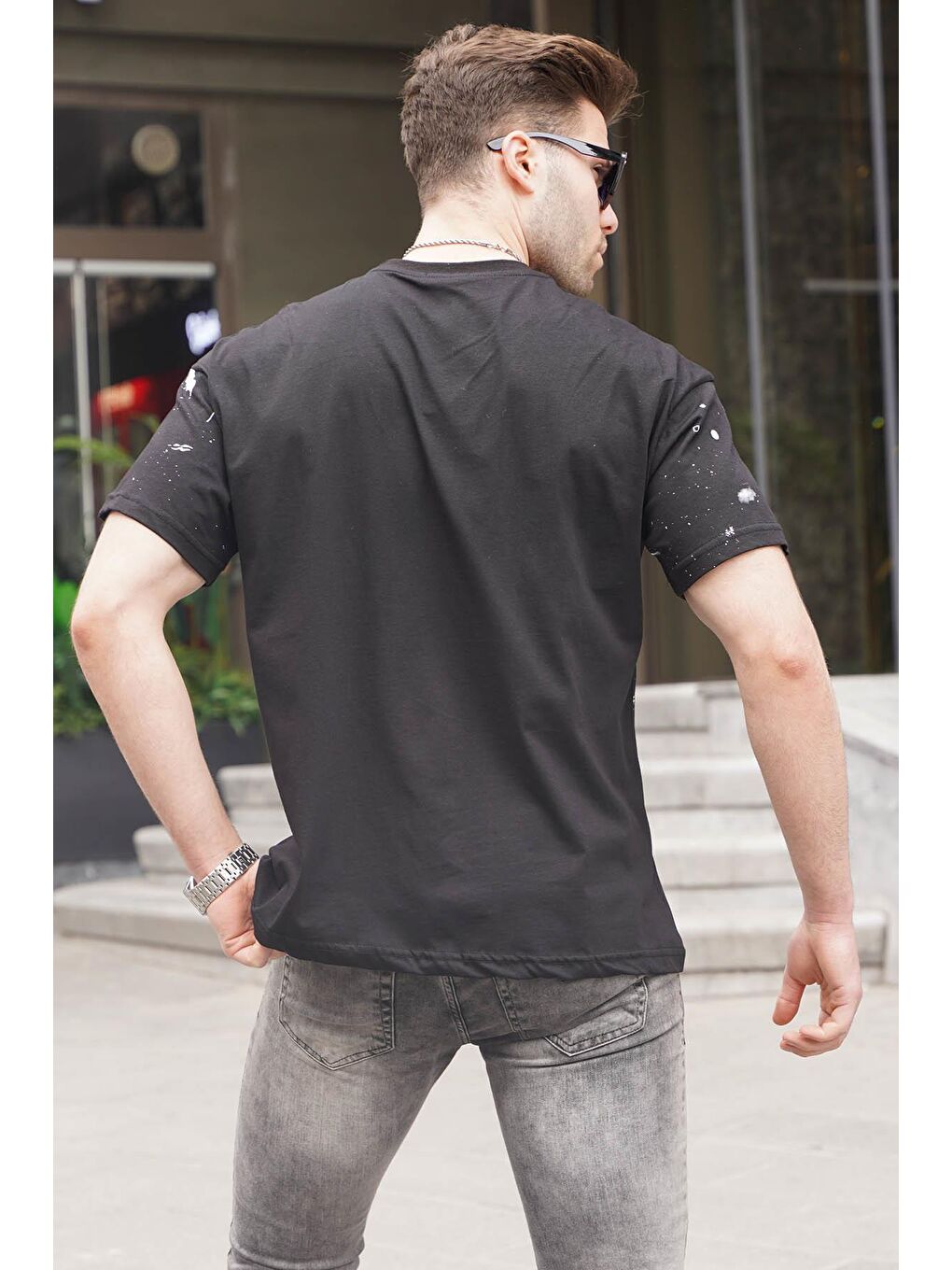 Bisiklet Yaka Regular Fit Siyah  Desenli Erkek Tişört 6115-1