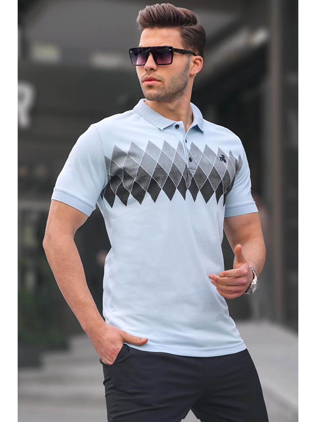 Mavi Desenli Polo Yaka Erkek Tişört 6106-1