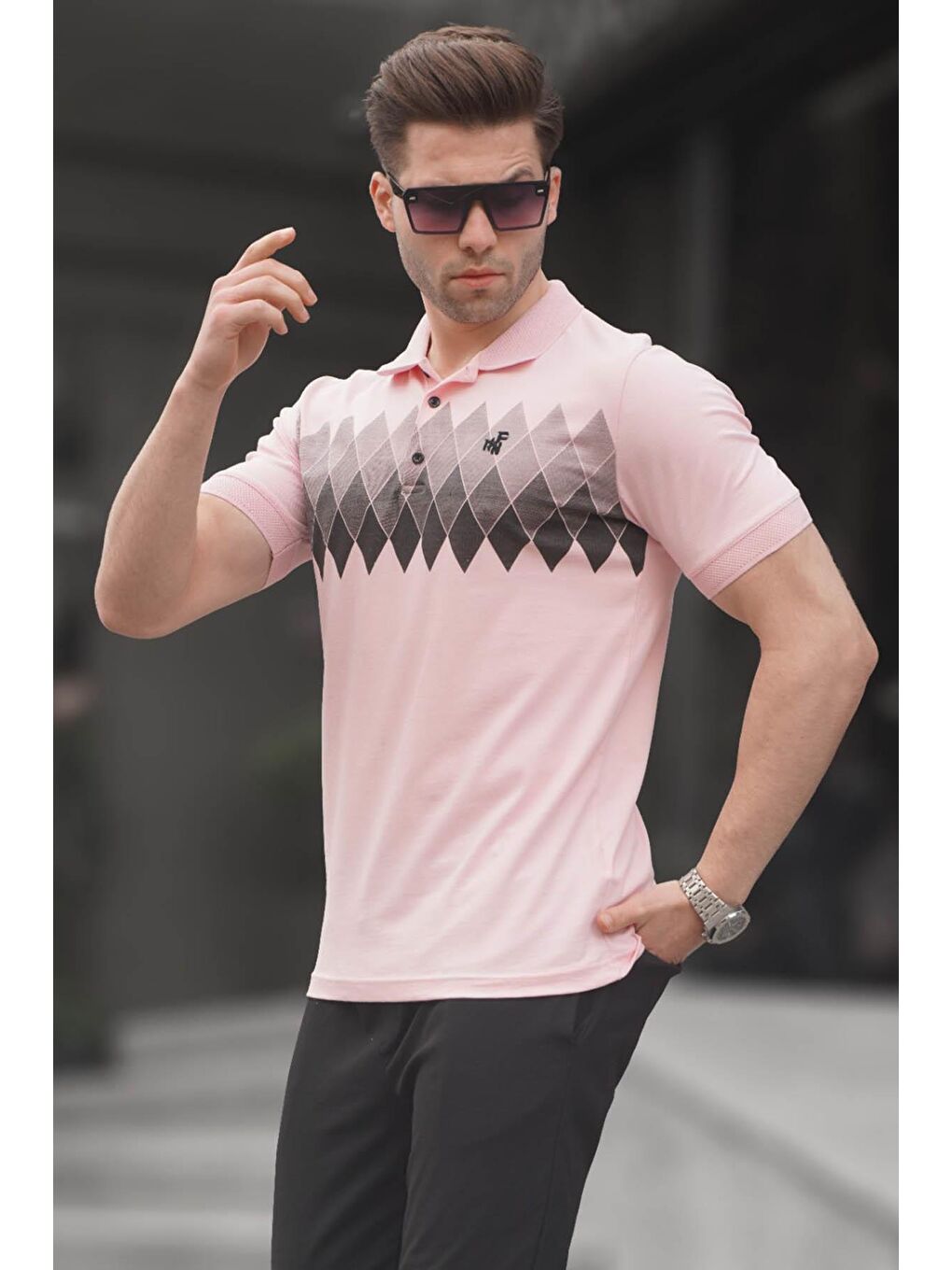 Pembe Pudra Desenli Polo Yaka Erkek Tişört 6106-1