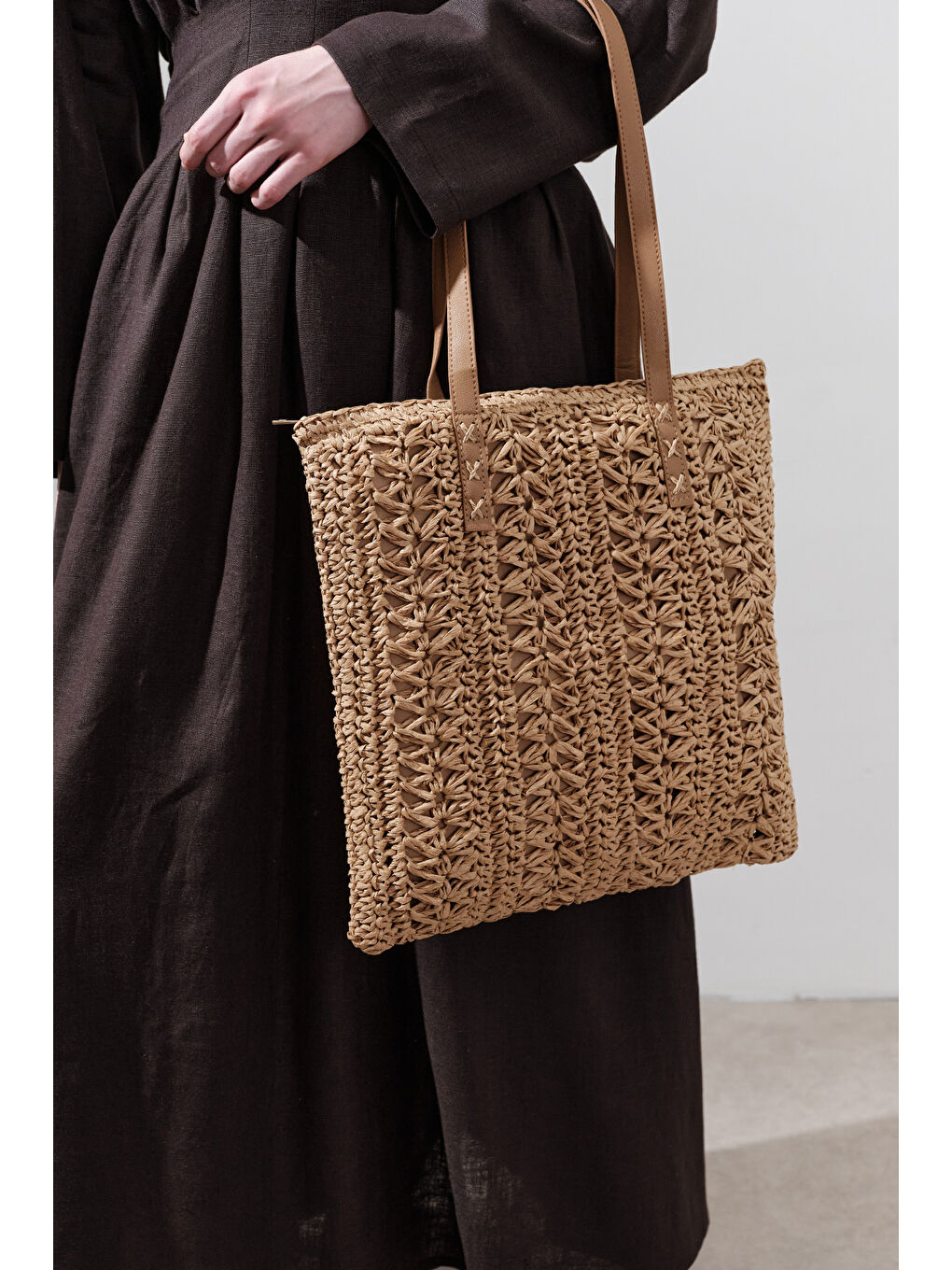 Bej Desenli Hasır Omuz Çantası Natural-2