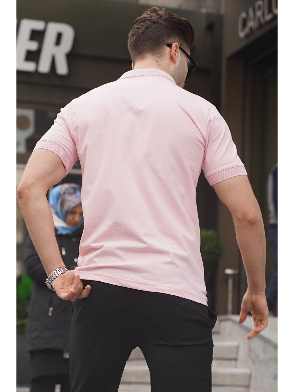 Pembe Pudra Desenli Polo Yaka Erkek Tişört 6106-2