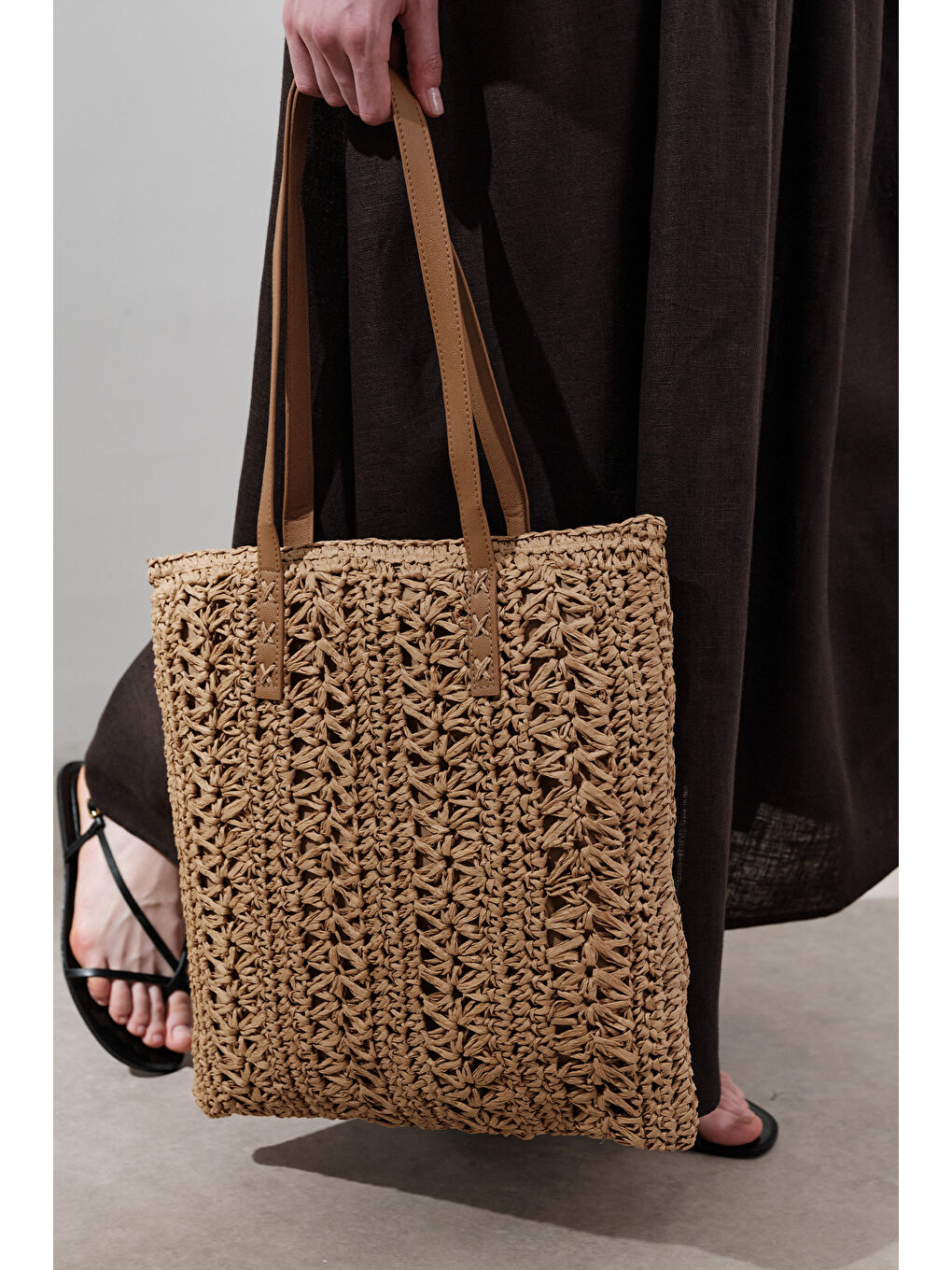 Bej Desenli Hasır Omuz Çantası Natural-3