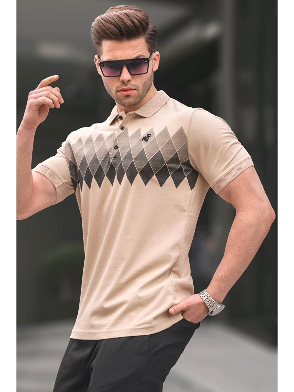 Bej Desenli Polo Yaka Erkek Tişört 6106
