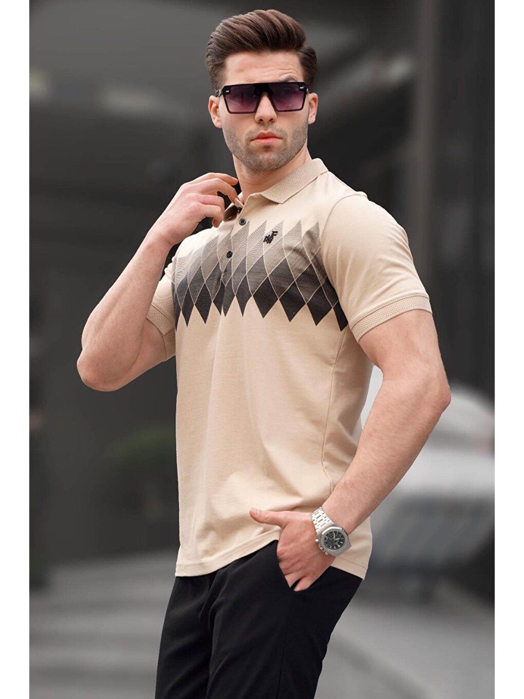 Bej Desenli Polo Yaka Erkek Tişört 6106-1