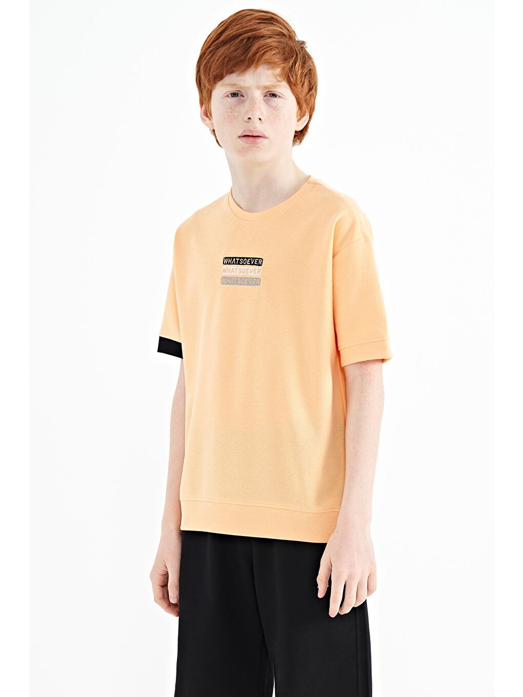 TOMMYLIFE Açık Turuncu Kavun Içi Yazı Nakışlı O Yaka Oversize Erkek Çocuk T-Shirt - 11146 - 4