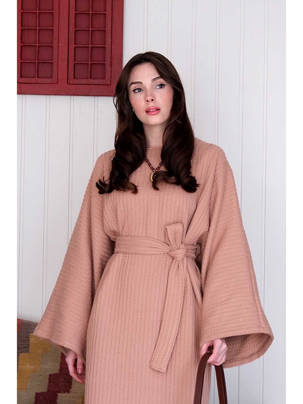 Bej Karamel Triko Elbise-5