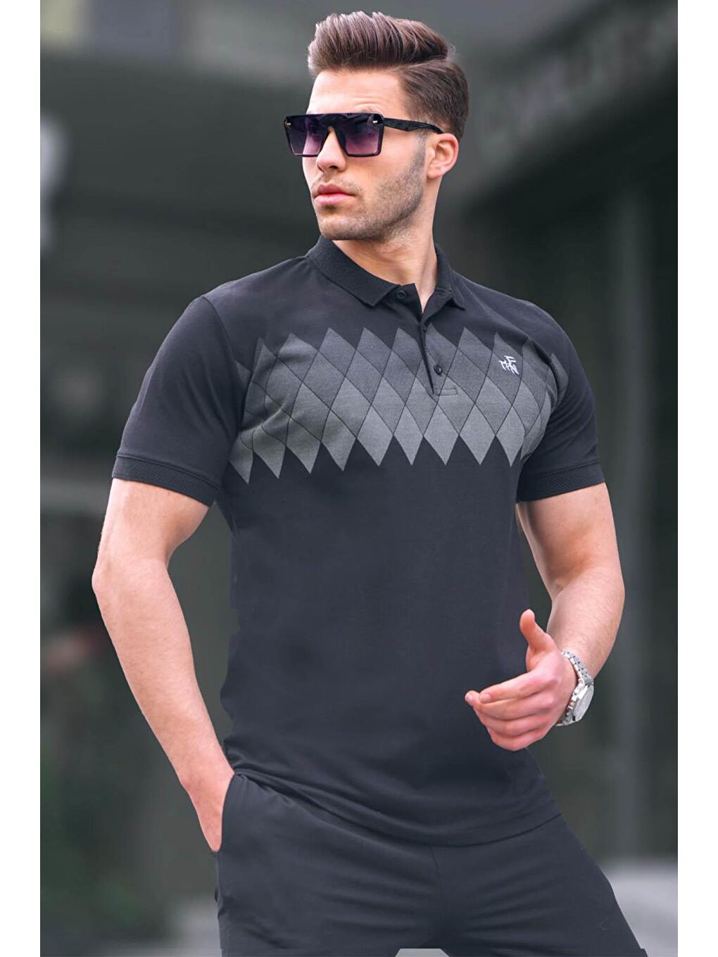 Siyah Desenli Polo Yaka Erkek Tişört 6106
