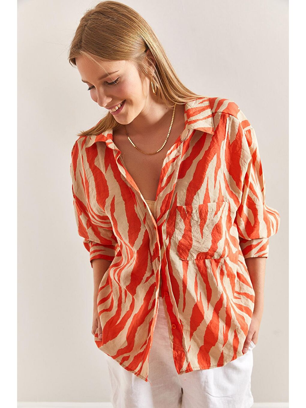 Tek Cepli Baskılı Desenli Gömlek - Turuncu