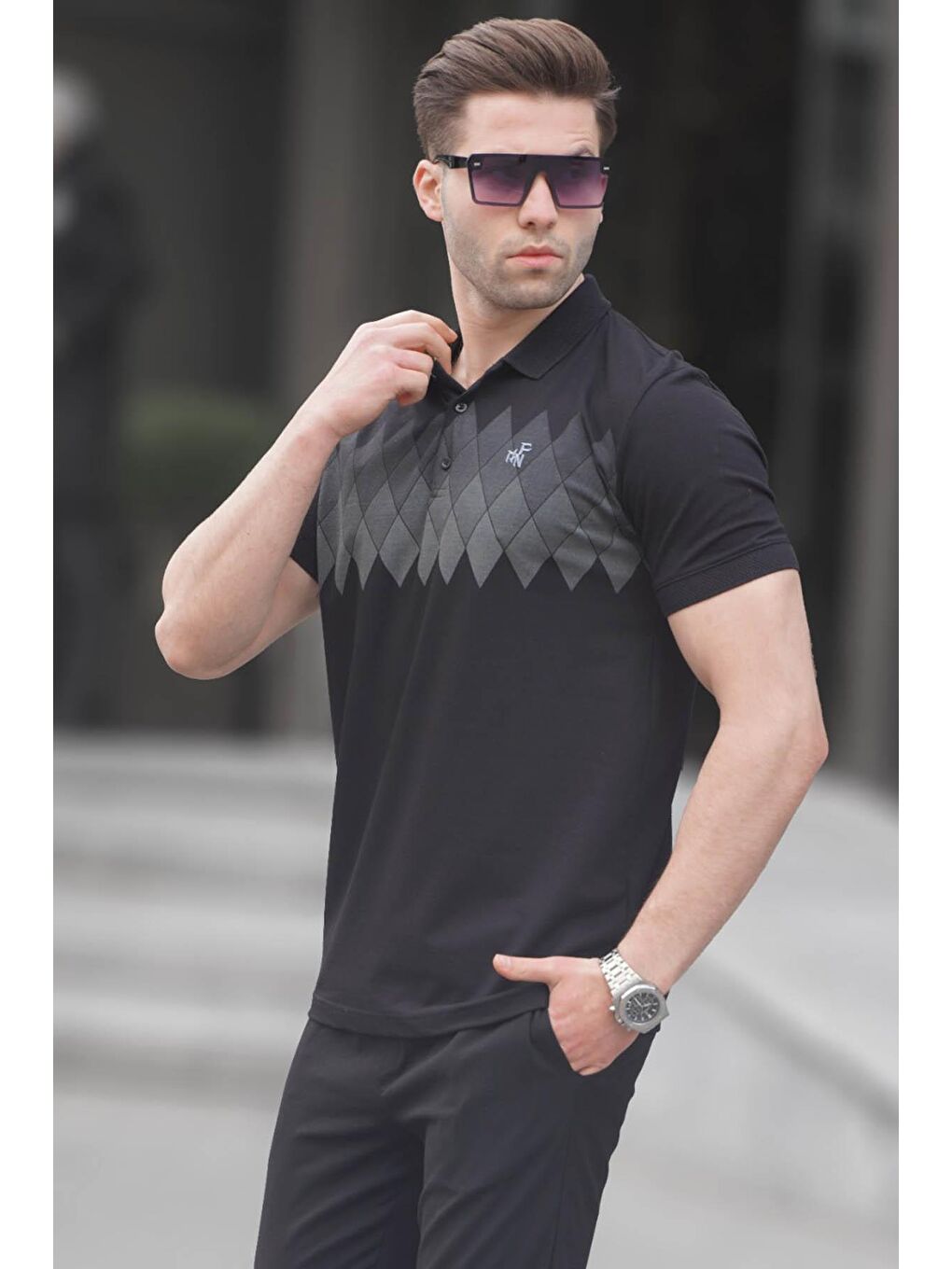 Siyah Desenli Polo Yaka Erkek Tişört 6106-1