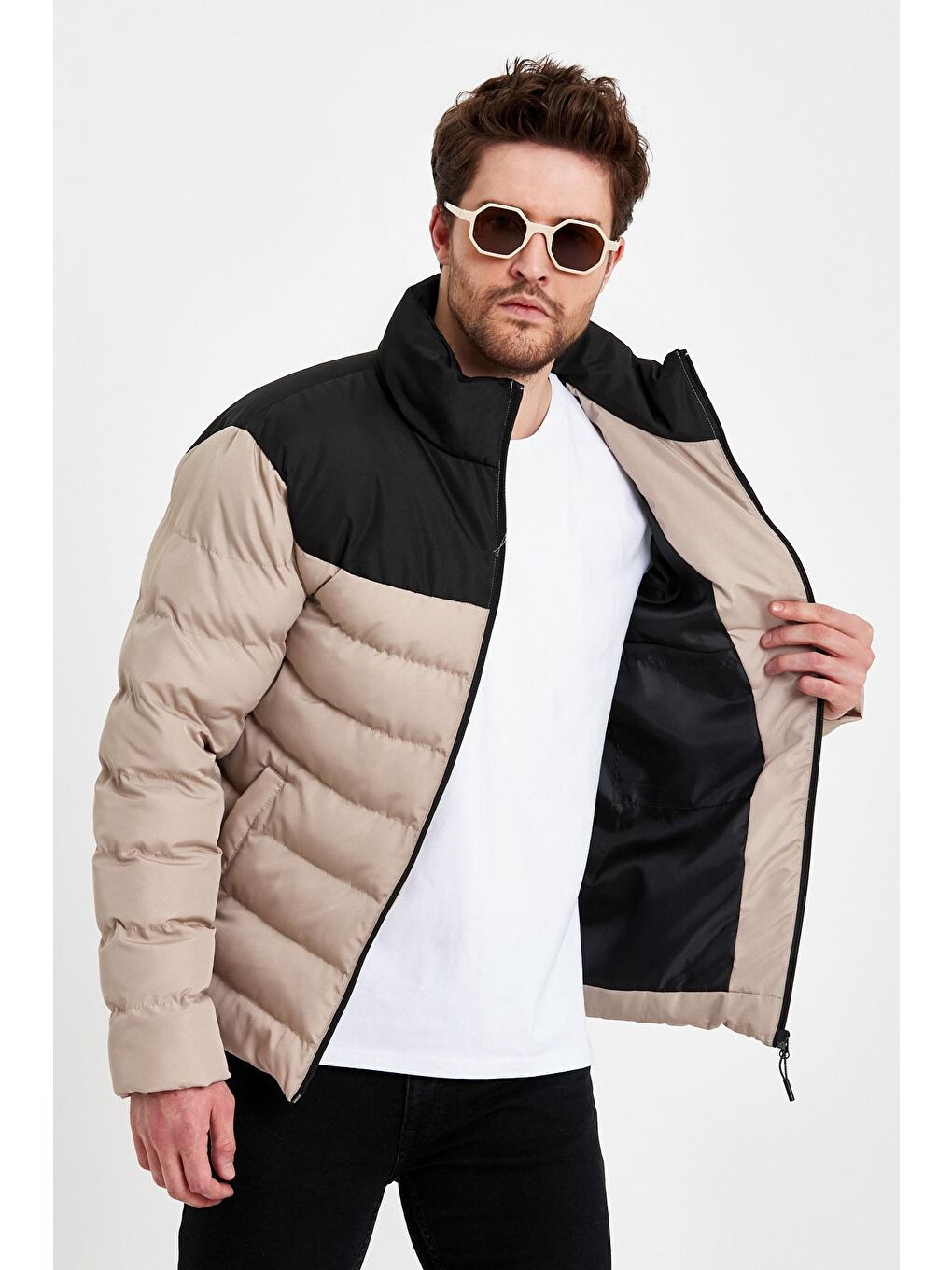 Erkek Siyah Bej Dolumlu Şişme Rahat Kesim Çift Renkli Fermuarlı Mont-1