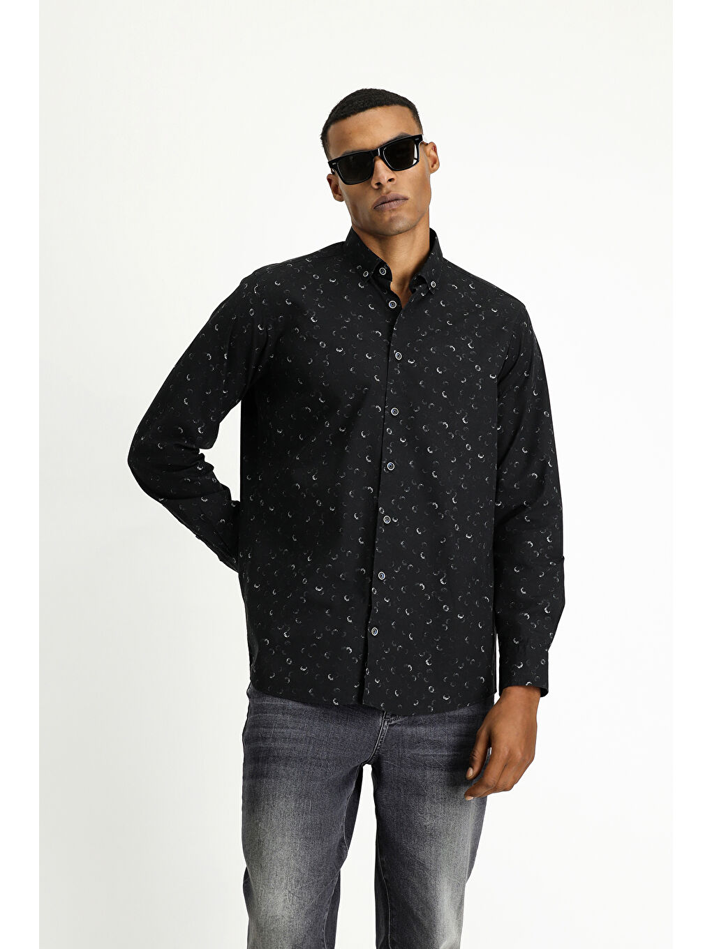 Siyah Uzun Kol Regular Fit Baskılı Spor Pamuk Düğmeli Yaka Gömlek-2