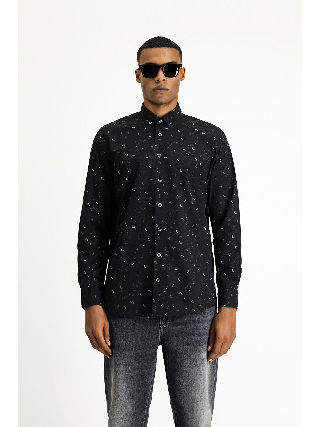 Siyah Uzun Kol Regular Fit Baskılı Spor Pamuk Düğmeli Yaka Gömlek-3