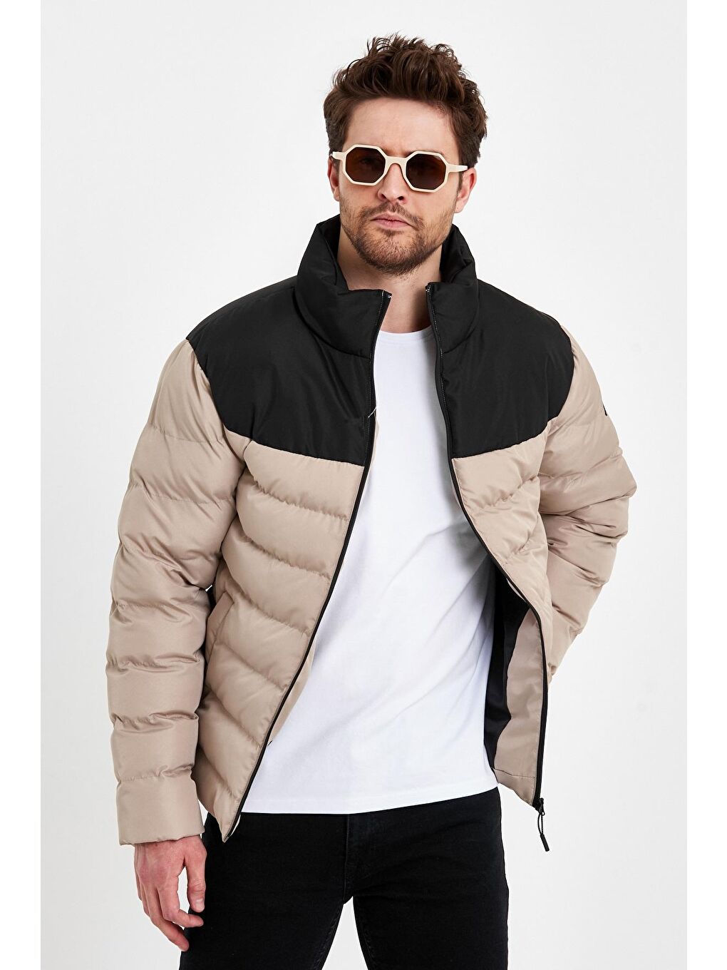 Erkek Siyah Bej Dolumlu Şişme Rahat Kesim Çift Renkli Fermuarlı Mont-2