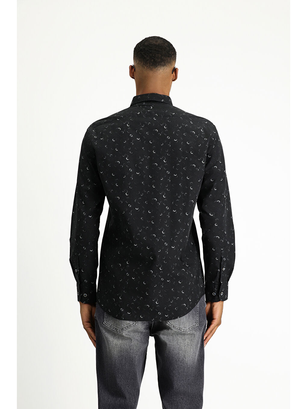 Siyah Uzun Kol Regular Fit Baskılı Spor Pamuk Düğmeli Yaka Gömlek-4