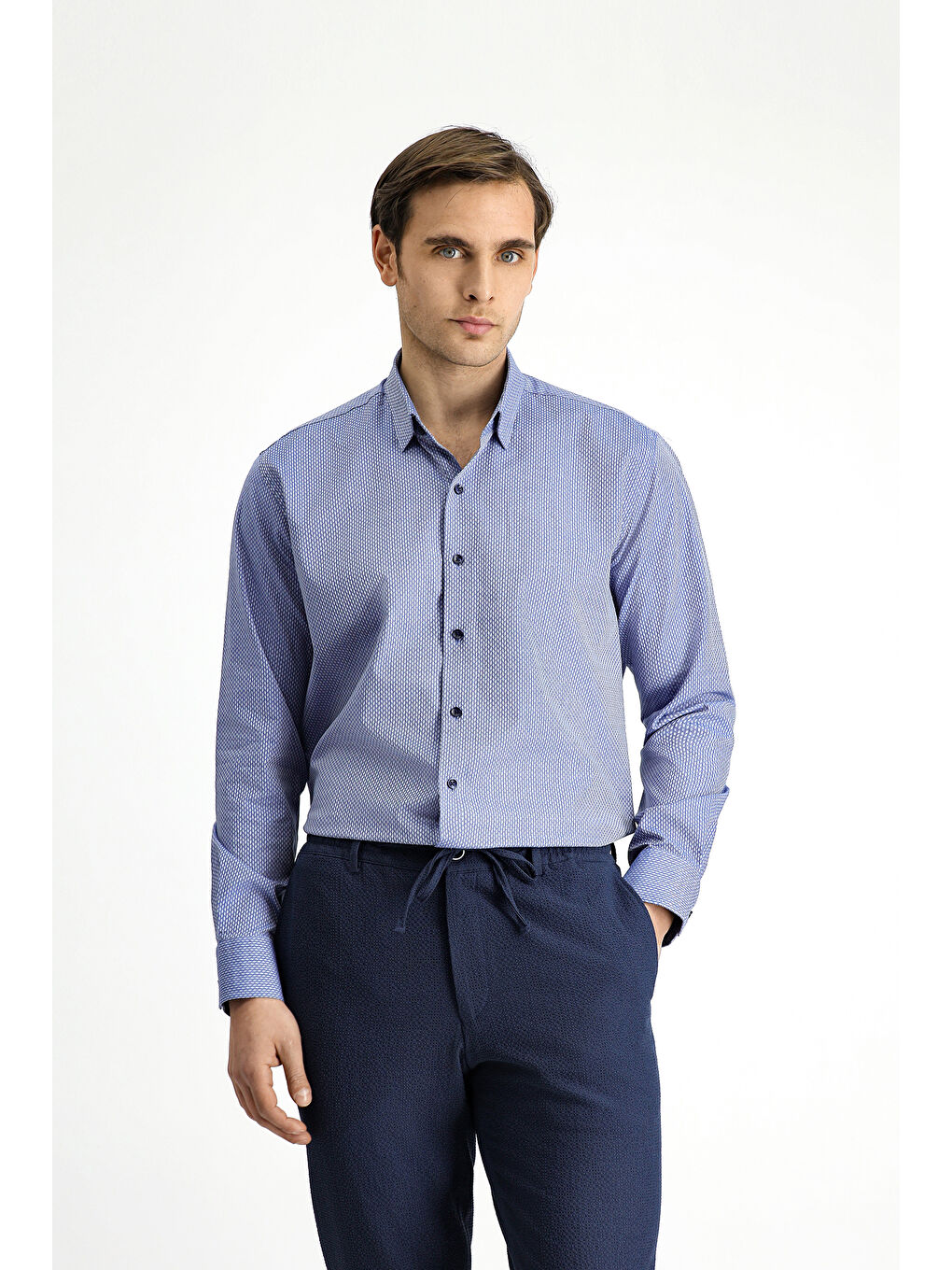 Mavi Uzun Kol Slim Fit Dar Kesim Klasik Desenli Pamuk Gömlek-3