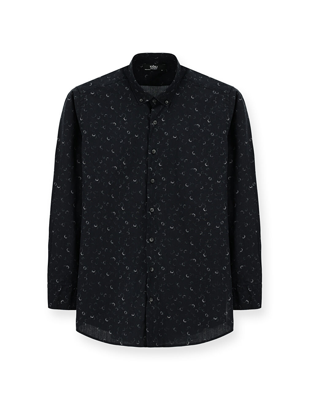 Siyah Uzun Kol Regular Fit Baskılı Spor Pamuk Düğmeli Yaka Gömlek-5