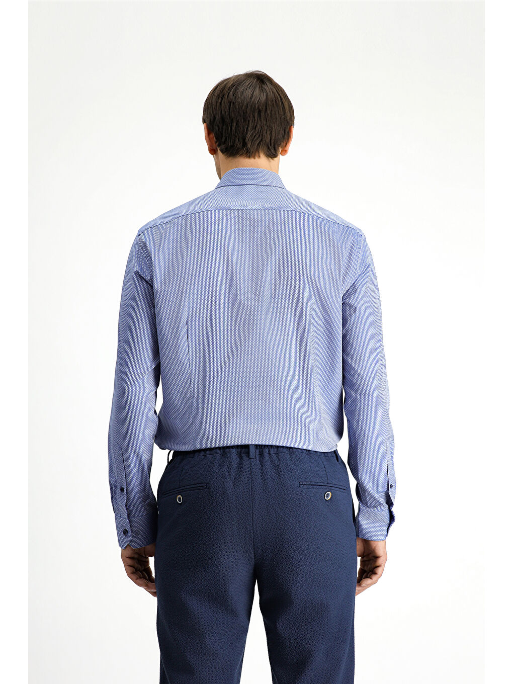 Mavi Uzun Kol Slim Fit Dar Kesim Klasik Desenli Pamuk Gömlek-4