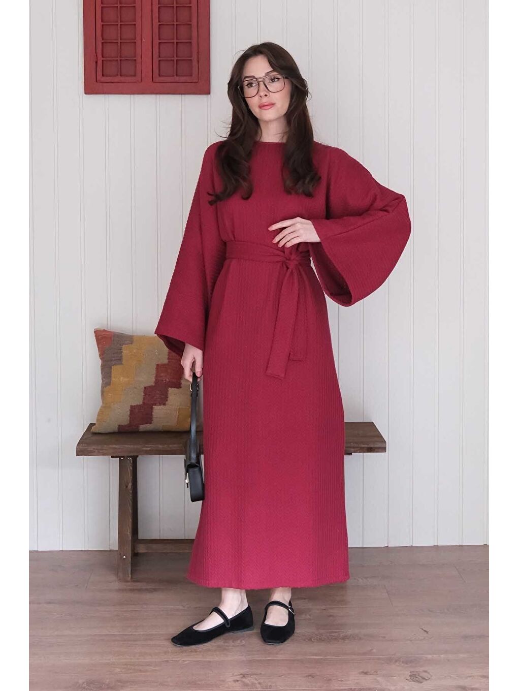 Bordo Triko Elbise-3