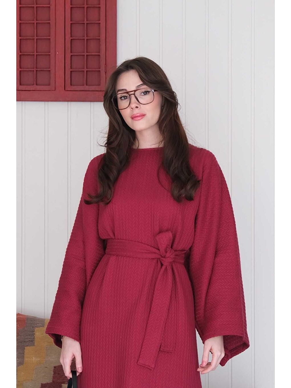 Bordo Triko Elbise-4