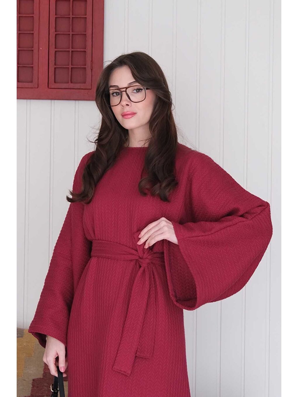 Bordo Triko Elbise-5